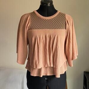 ZARA Rusty Pink Ribbed Coquette knit top ruffles polka dot Size Small